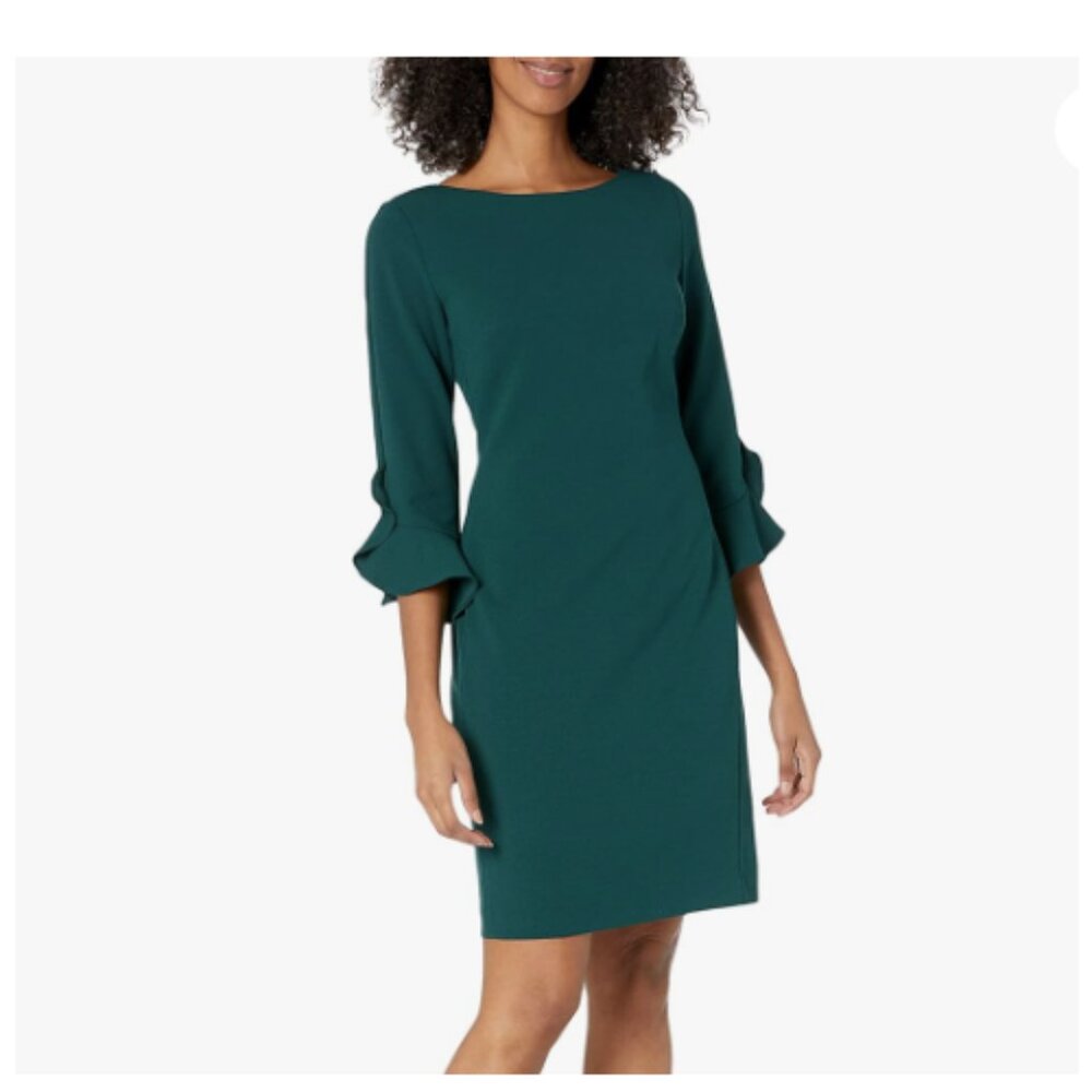 Karl Lagerfeld Paris Green Shift Dress Ruffle Bell Sleeve Classic Cocktail 4